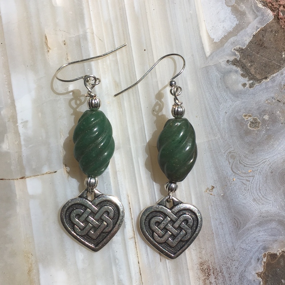 Jade and Silver Celtic Heart handmade earrings